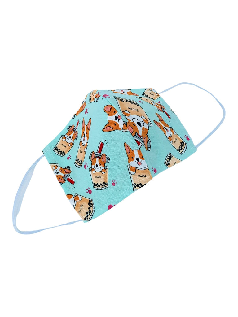 Corgi Boba Tea 3D Washable Face Mask (Baby Blue) - PAWTY THINGS