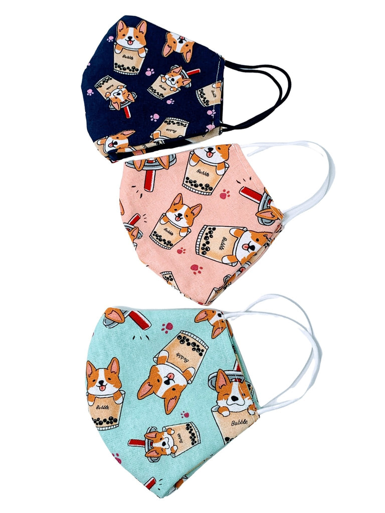 Corgi Boba Tea 3D Washable Face Mask (Baby Blue) - PAWTY THINGS